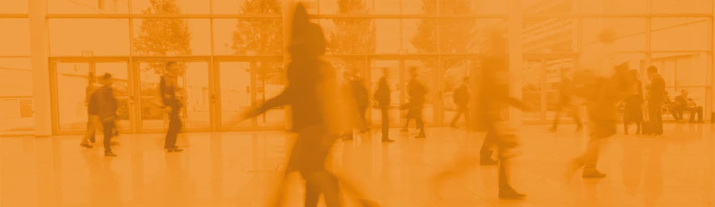 People walking with orange background overlay